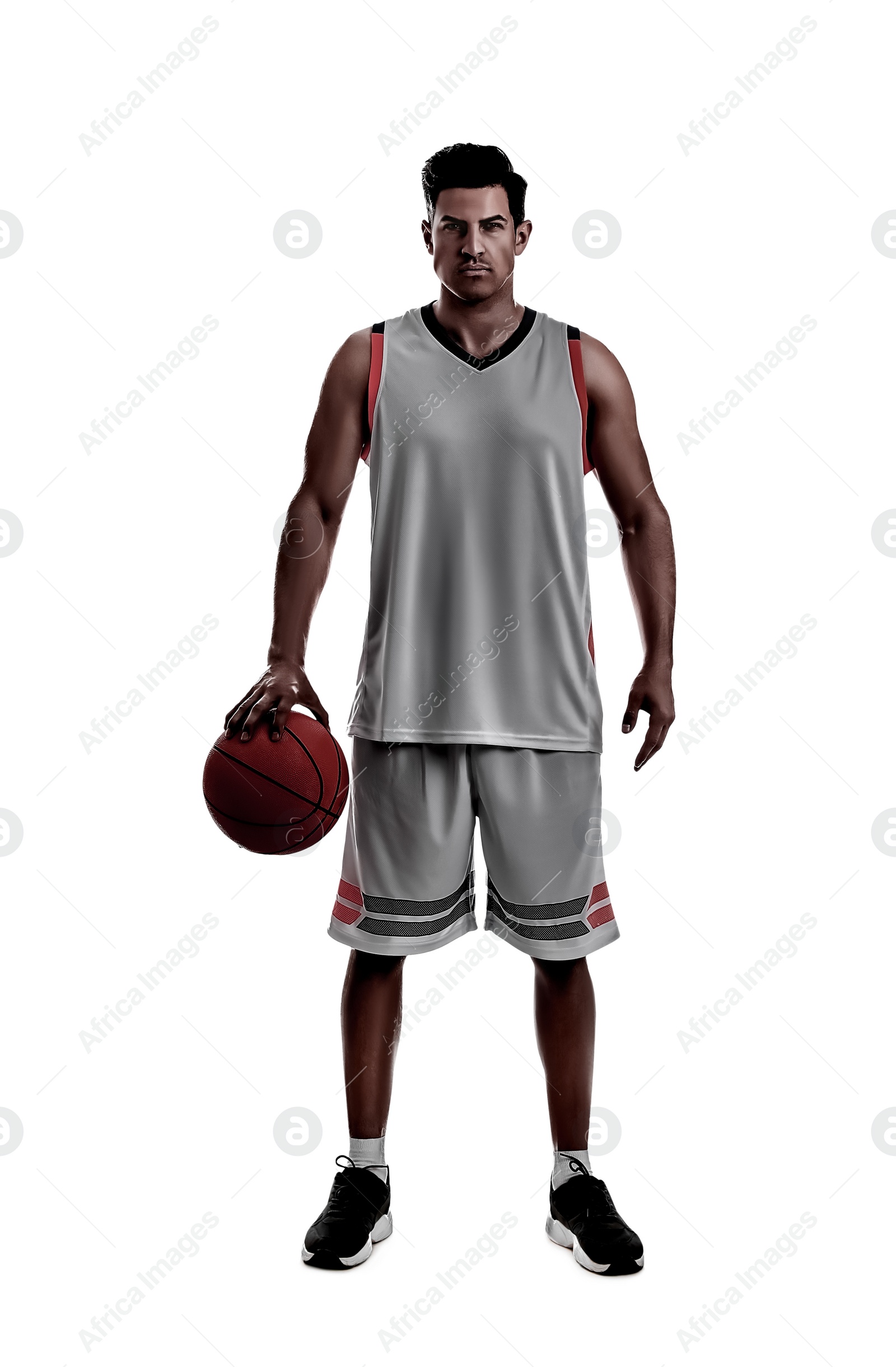 Image of Silhouette of basketball player with ball on white background