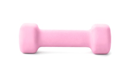 Photo of Pink dumbbell isolated on white. Weight training equipment