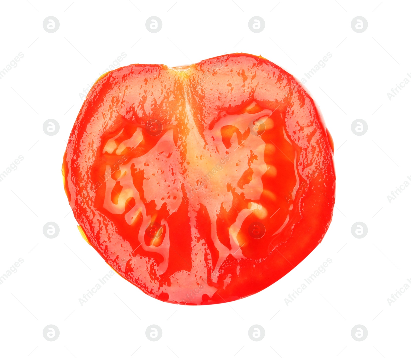 Photo of Slice of ripe tomato on white background