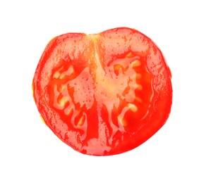 Photo of Slice of ripe tomato on white background