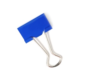 Photo of Colorful binder clip on white background. School stationery