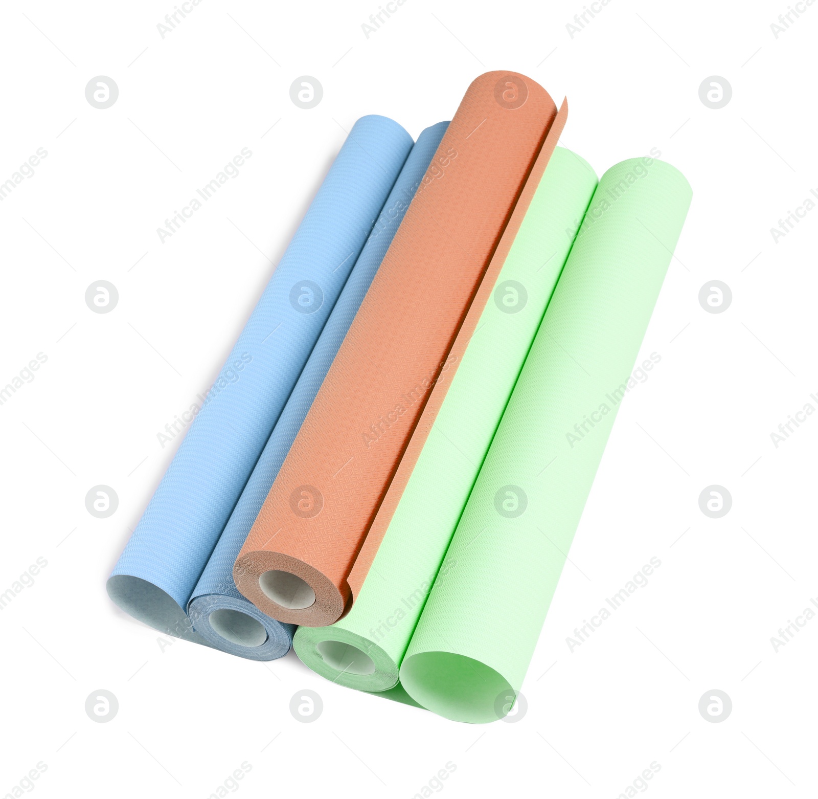 Image of Different colorful wallpaper rolls isolated on white