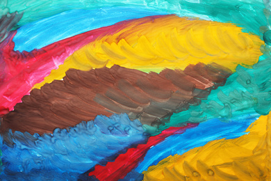Photo of Creative colorful child's painting as background, top view