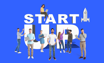 Group of young people and phrase START UP on blue background 