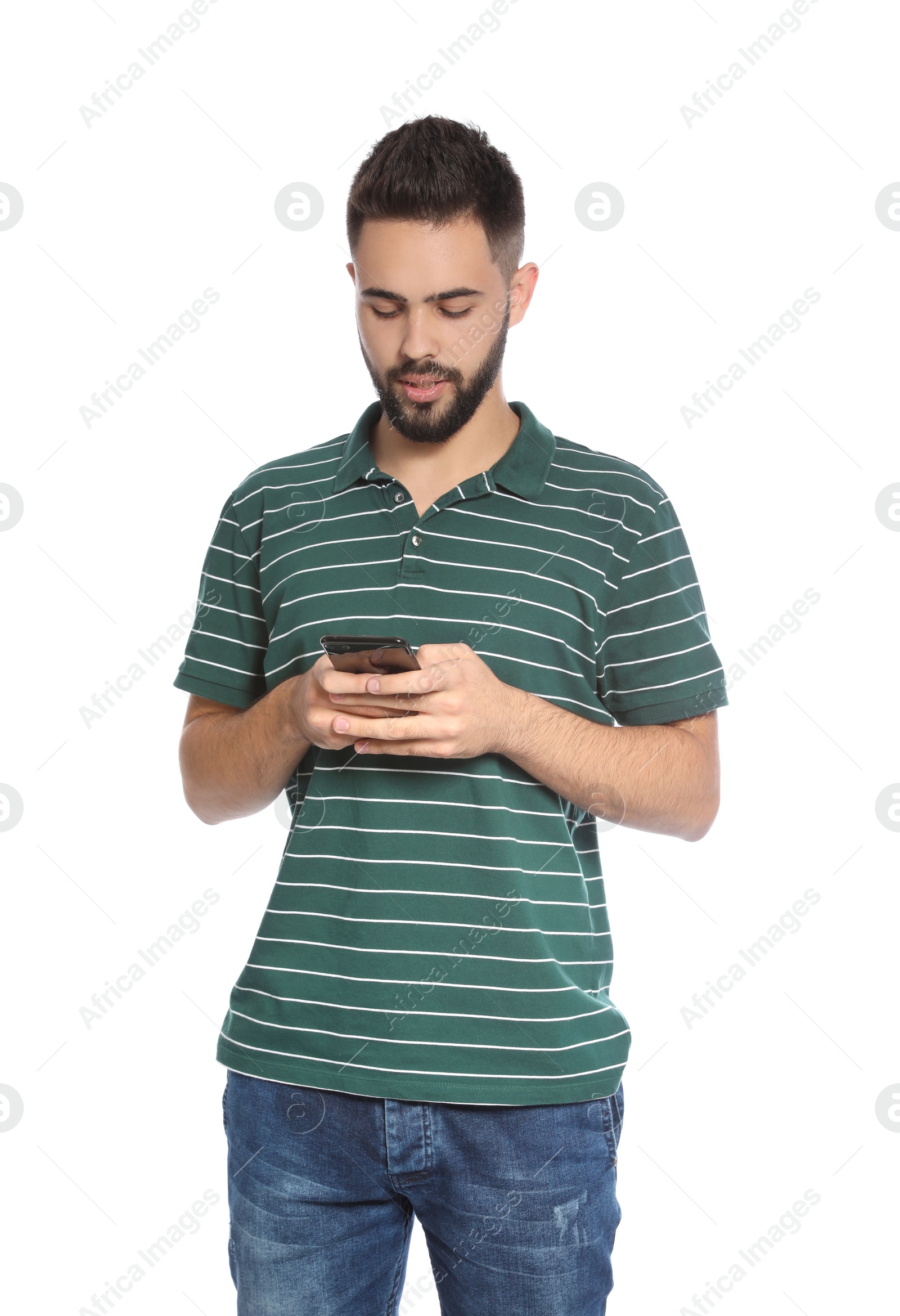 Photo of Portrait of handsome young man with mobile phone on white background