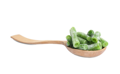 Photo of Frozen green beans in wooden spoon isolated on white. Vegetable preservation
