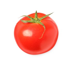 Photo of Fresh ripe tomato isolated on white, top view