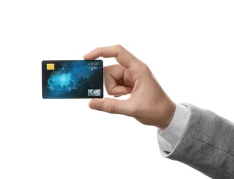 Photo of Young man holding credit card on white background