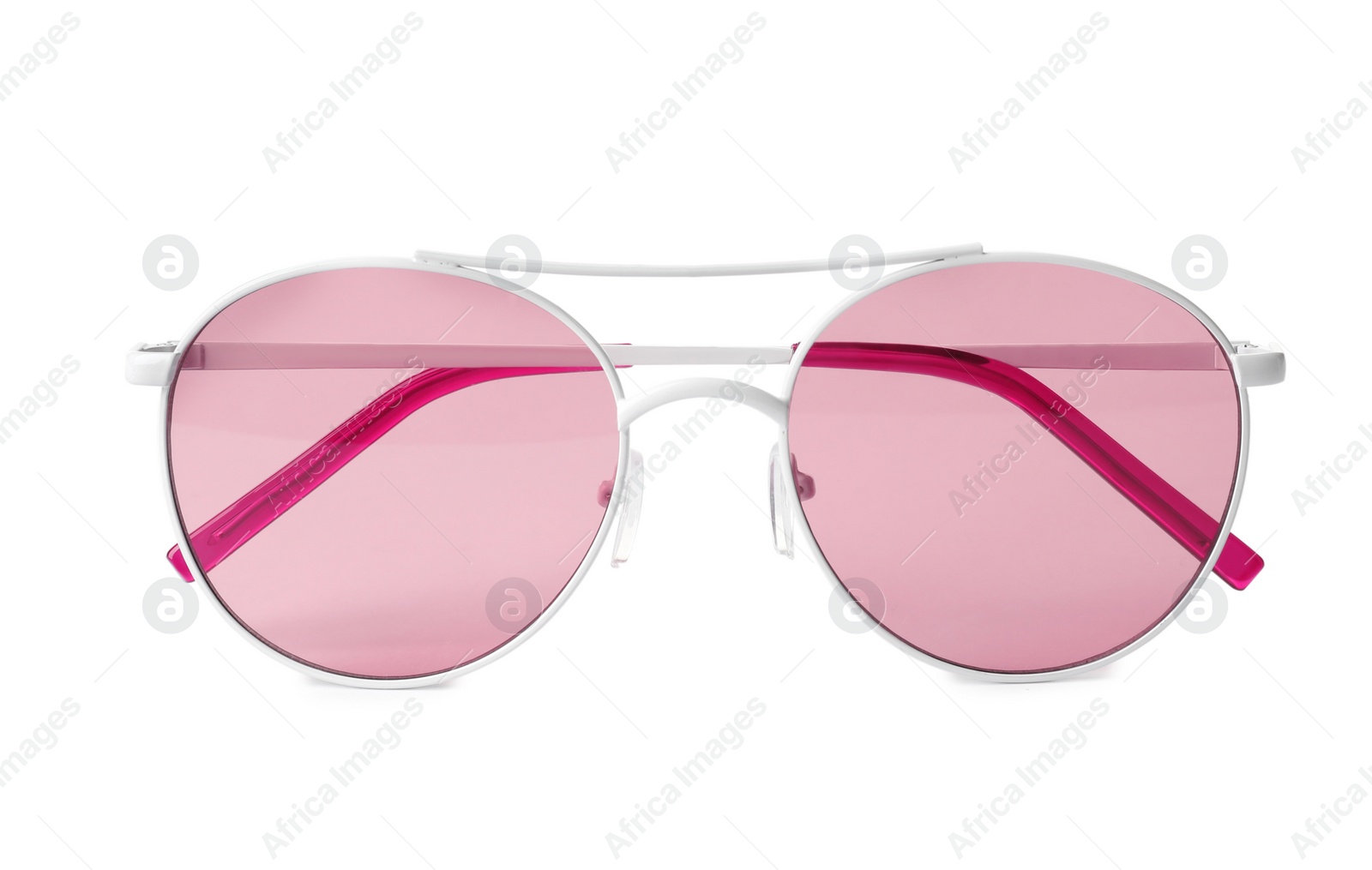 Photo of Stylish modern sunglasses on white background. Beach accessory