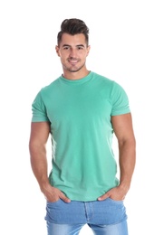 Young man in t-shirt on white background. Mockup for design