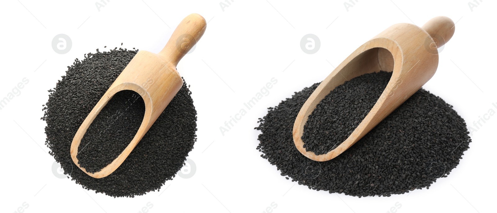 Image of Black sesame seeds and wooden scoops on white background, collage. Banner design