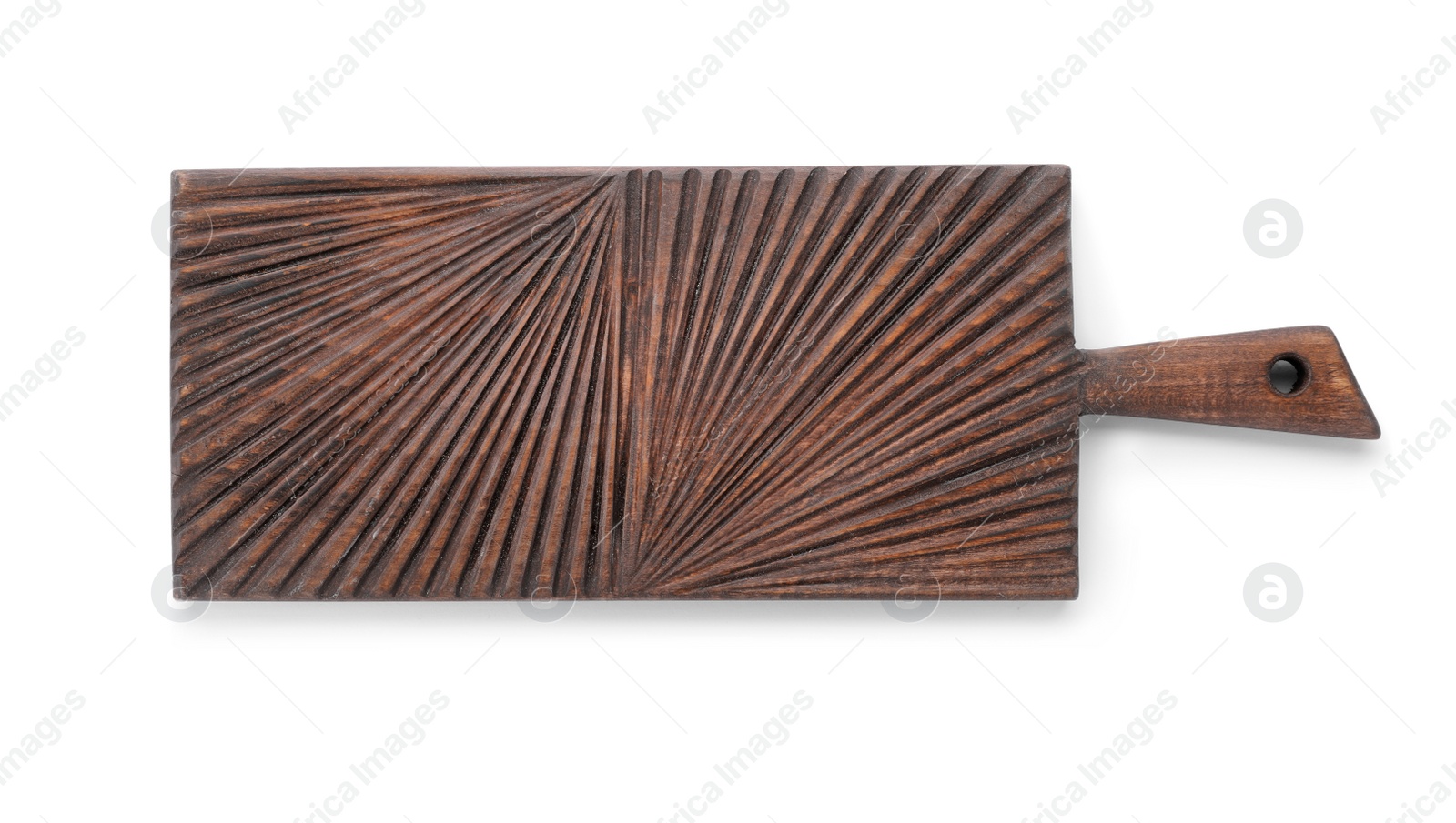 Photo of Wooden board on white background, top view. Kitchen accessory