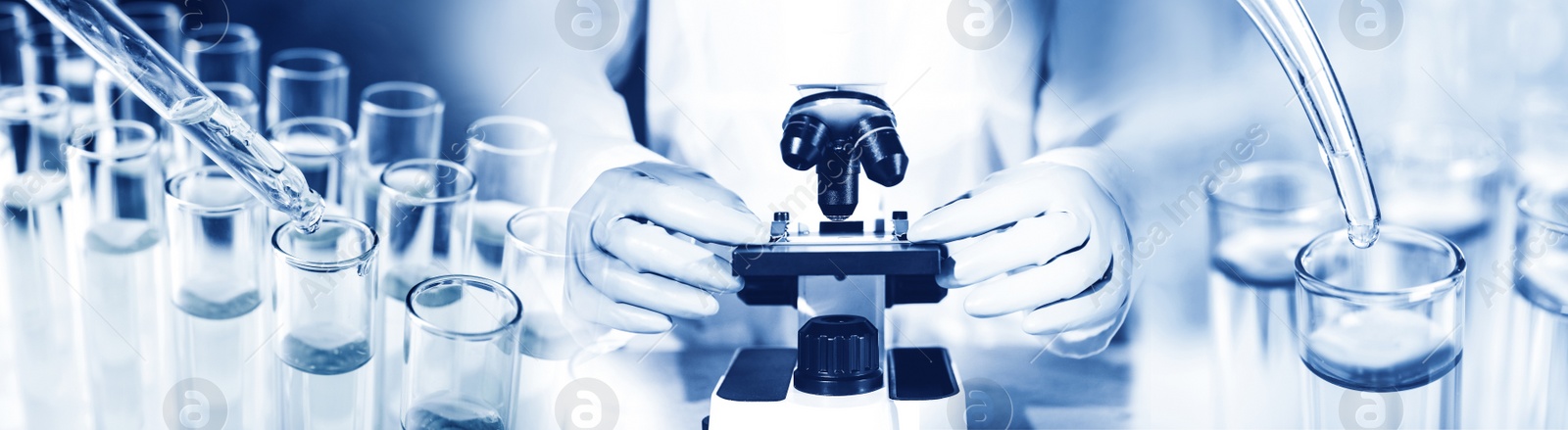 Image of Multiple exposure of dropping samples into test tubes and scientist working with microscope, banner design. Laboratory analysis