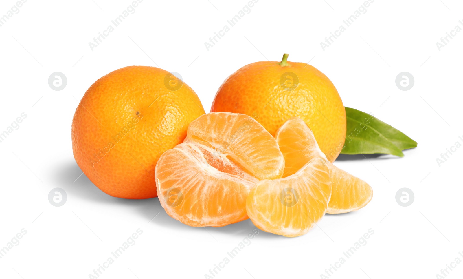 Photo of Fresh ripe juicy tangerines with green leaf isolated on white