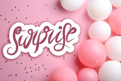 Image of Surprise party. Many balloons and confetti on pink background, flat lay