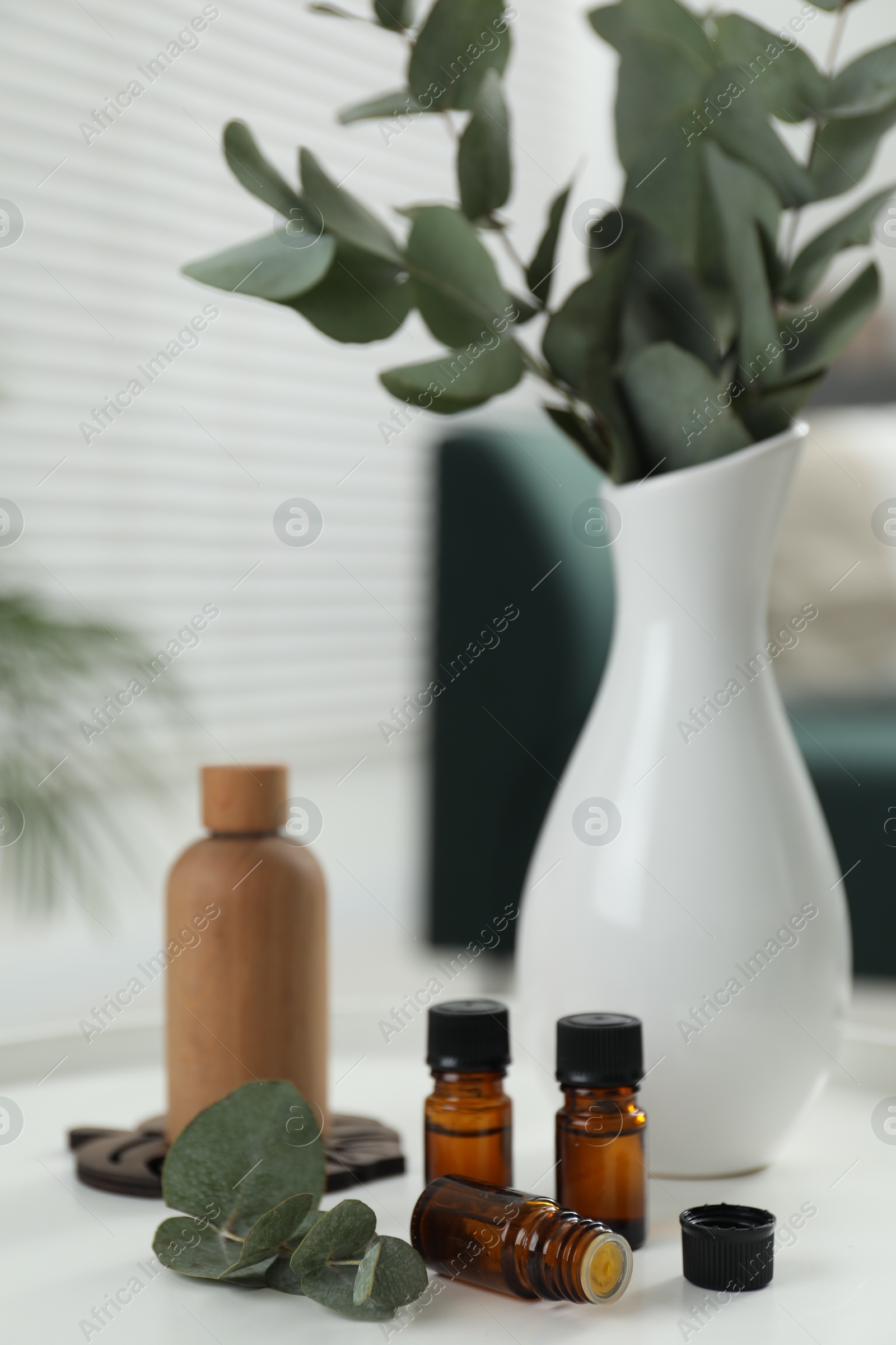 Photo of Aromatherapy. Bottles of essential oil and eucalyptus leaves on white table