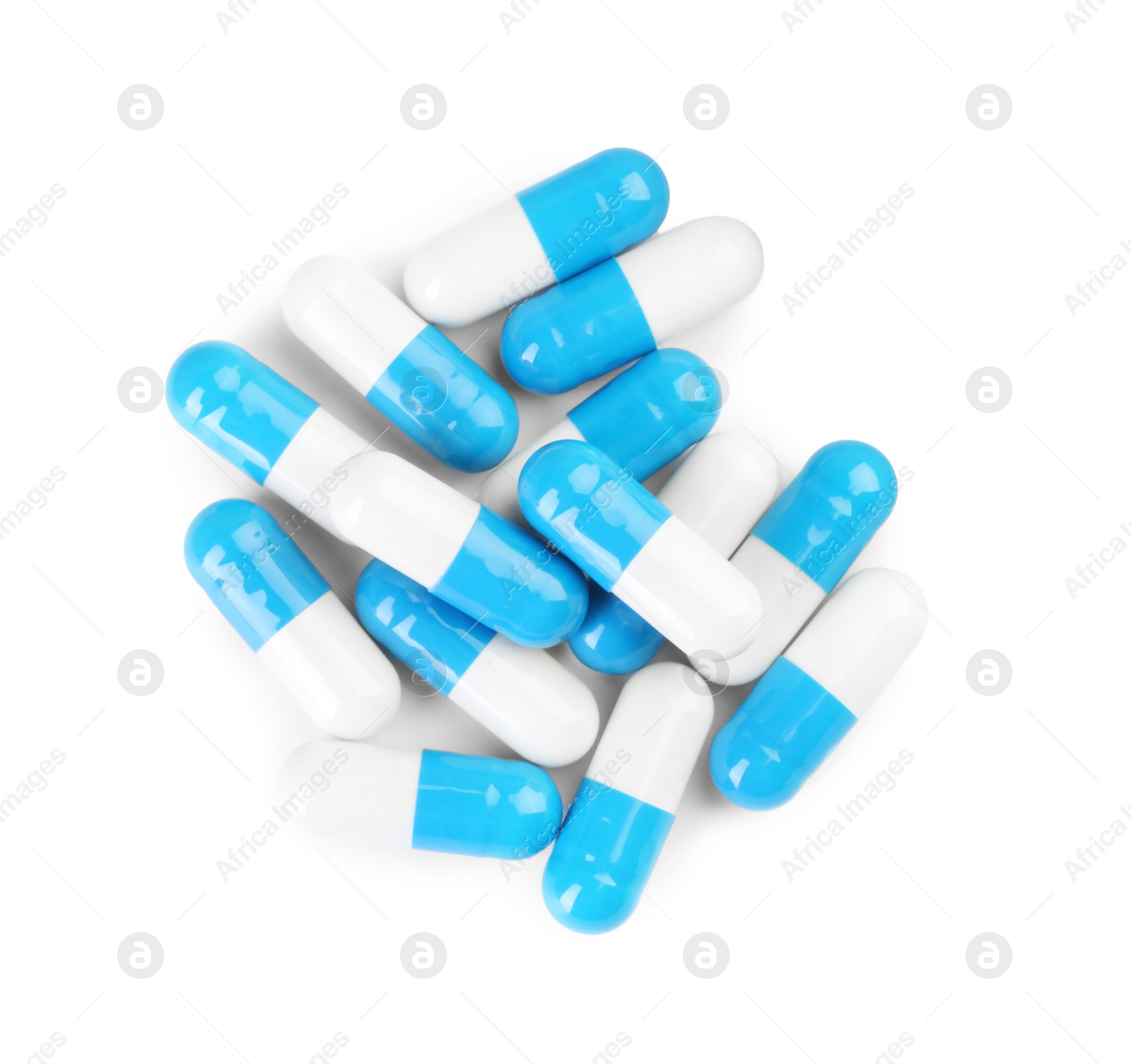 Photo of Pile of antibiotic pills isolated on white, top view