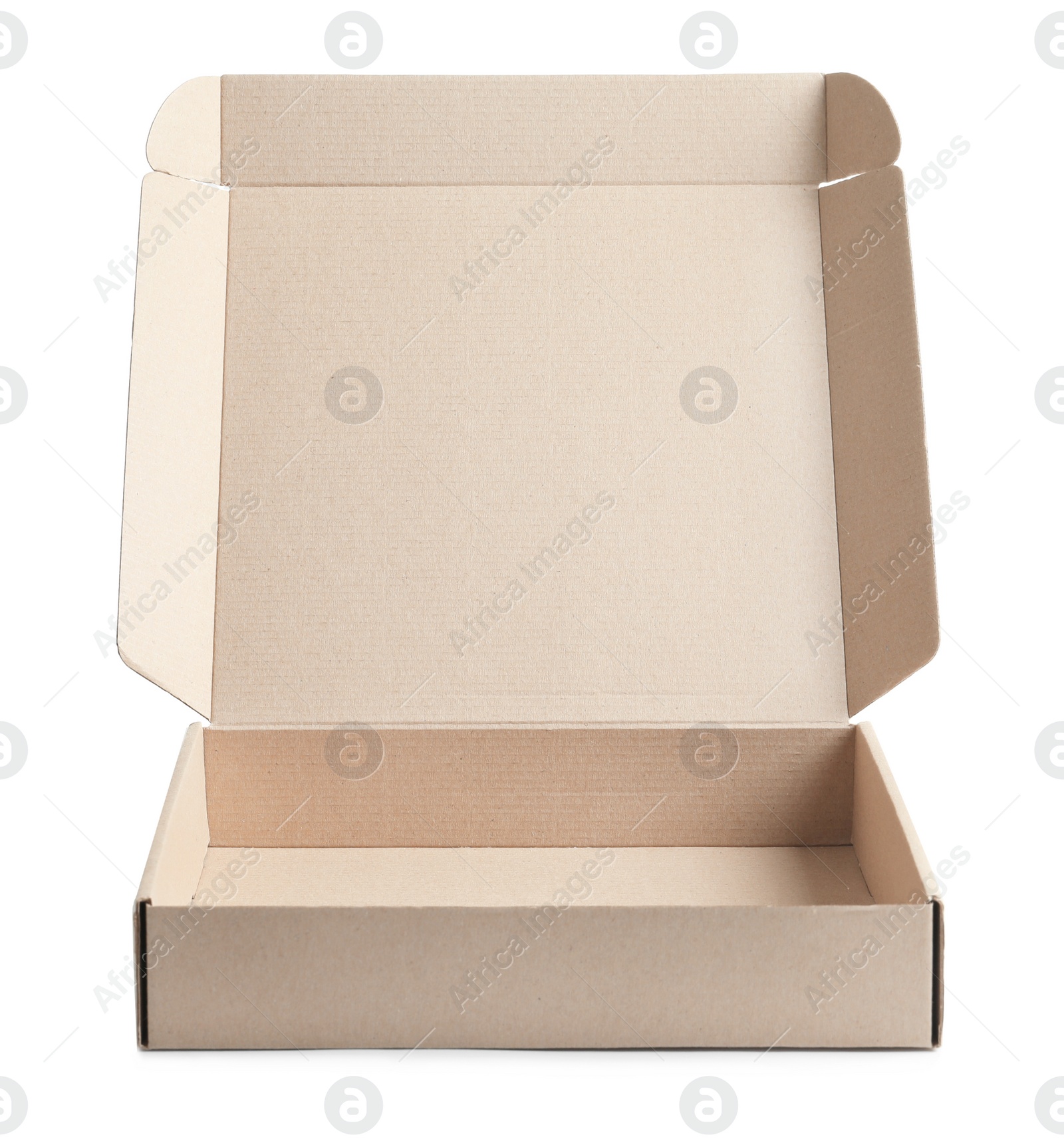 Photo of Open cardboard pizza box on white background
