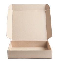 Open cardboard pizza box on white background