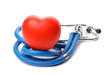 Photo of Red heart and stethoscope on white background. Cardiology concept