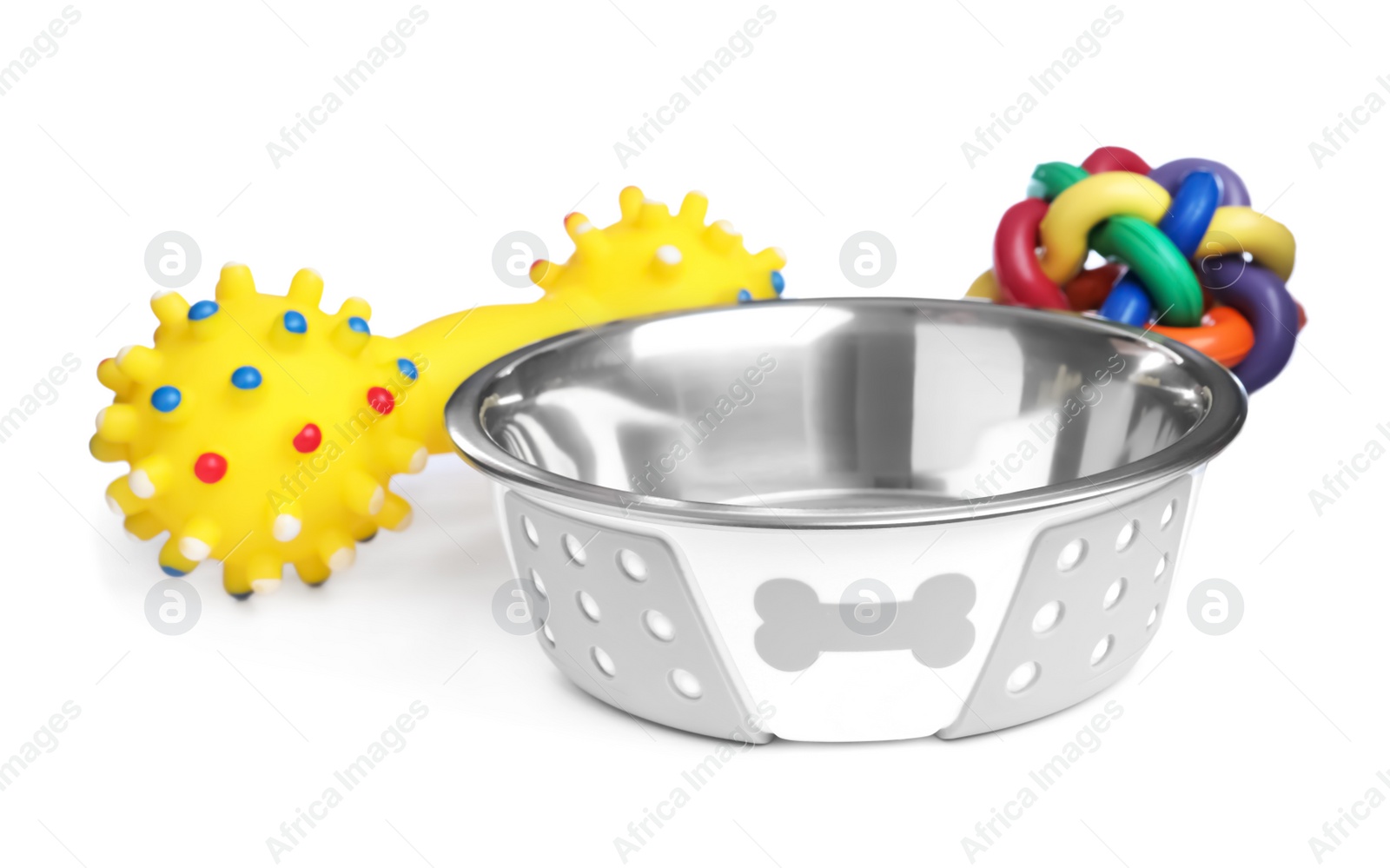 Photo of Feeding bowl and toys for pet on white background