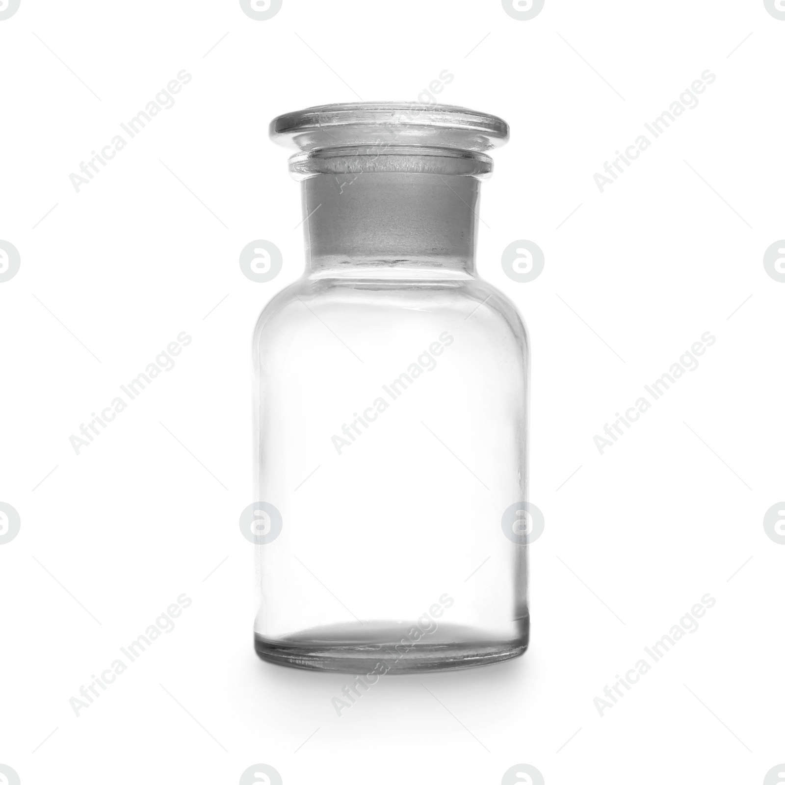 Photo of Empty apothecary bottle with stopper on white background. Laboratory glassware