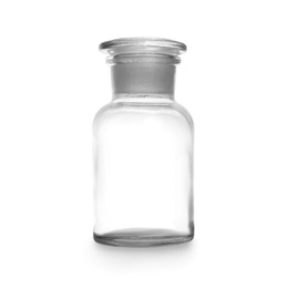 Empty apothecary bottle with stopper on white background. Laboratory glassware
