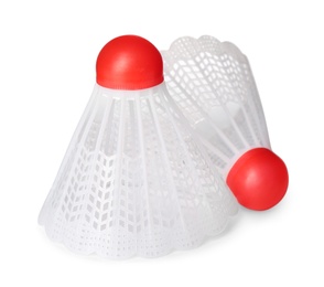 Photo of Badminton shuttlecocks on white background. Sport equipment