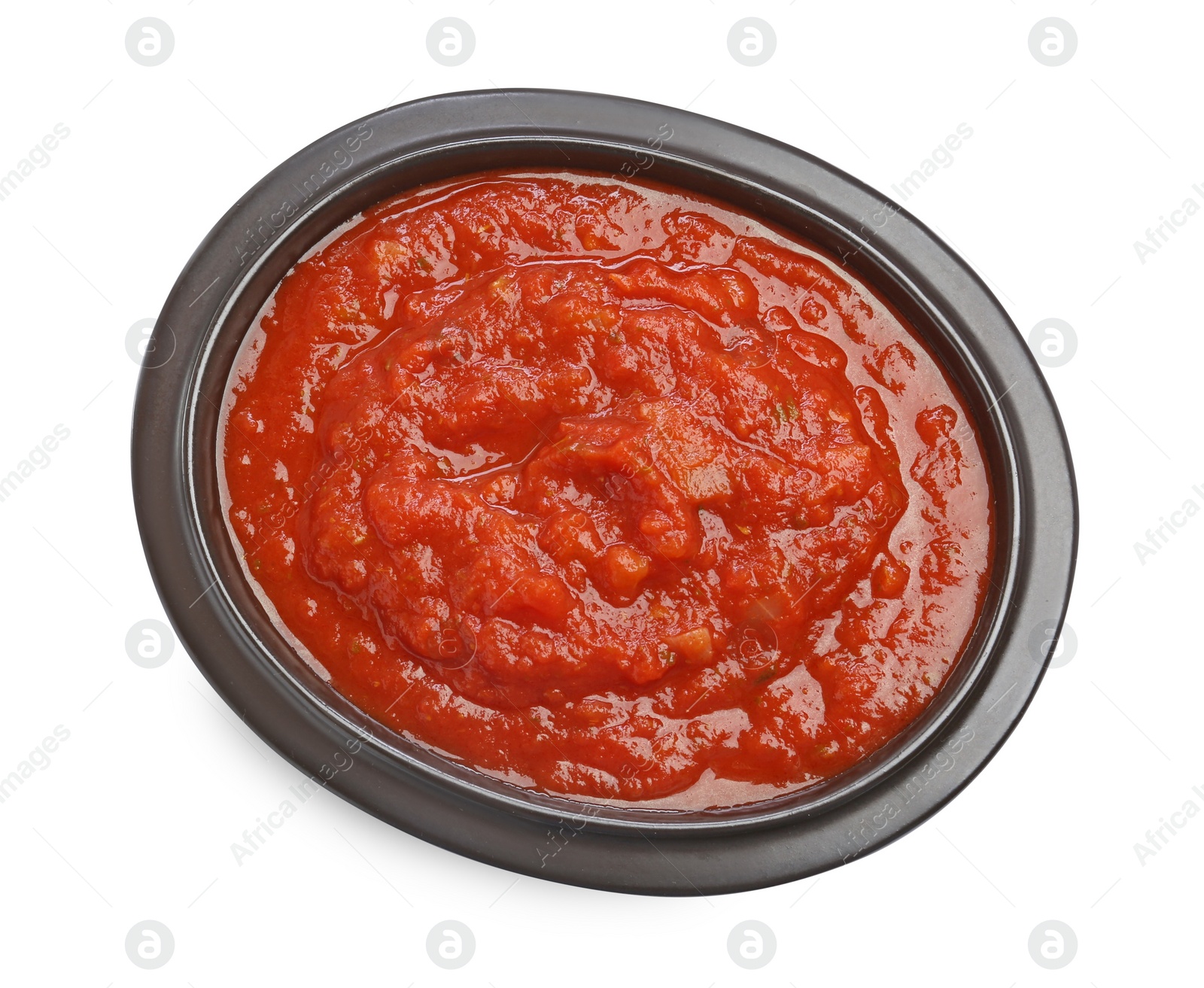 Photo of Homemade tomato sauce in bowl isolated on white, top view