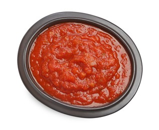 Homemade tomato sauce in bowl isolated on white, top view