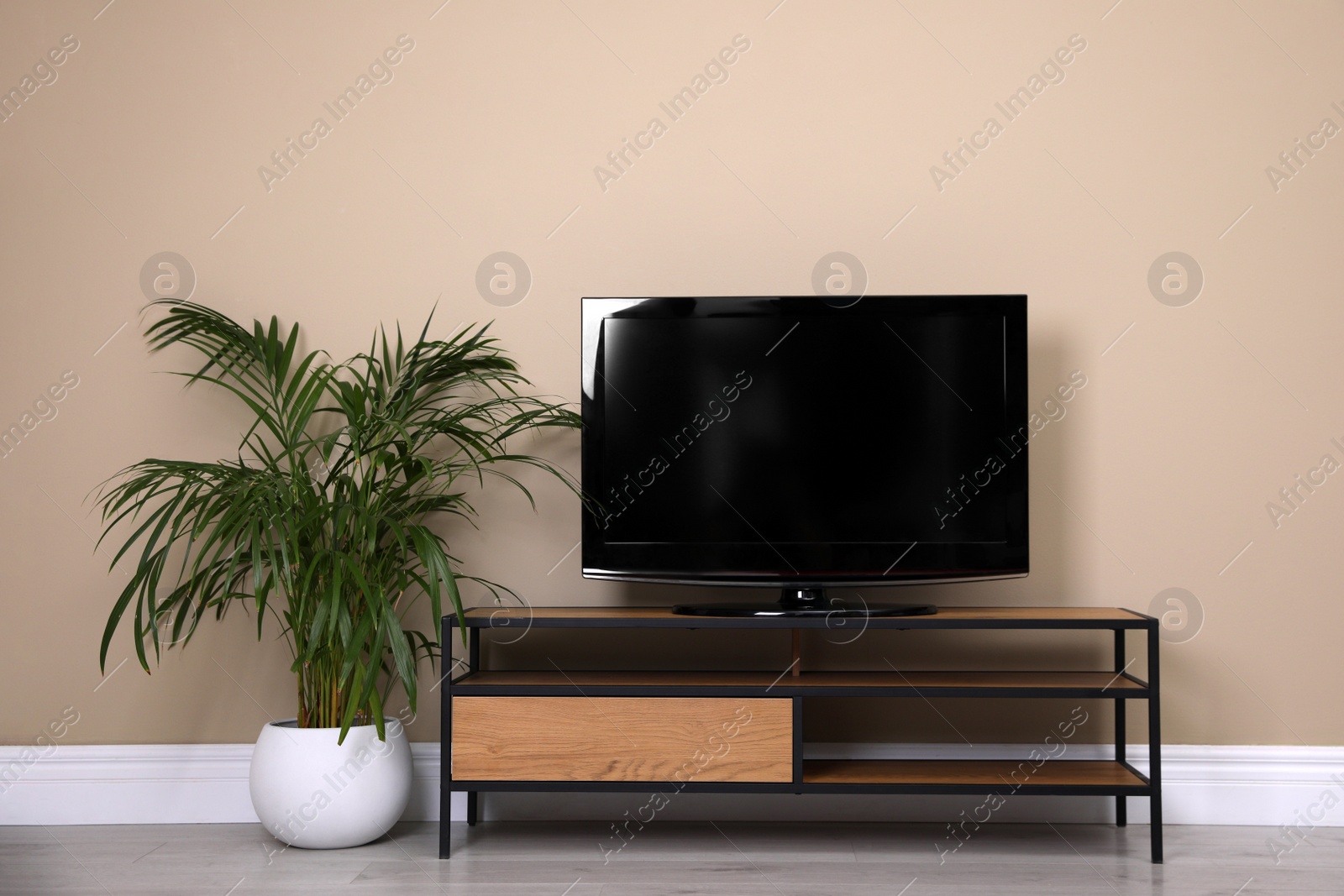 Photo of Modern TV cabinet with blank screen and houseplant near beige wall