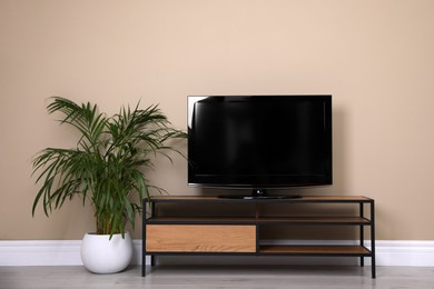 Photo of Modern TV cabinet with blank screen and houseplant near beige wall