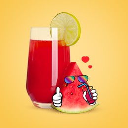 Image of Creative artwork. Watermelon in sunglasses drinking juice and showing thumb up near glass of drink. Slice of fruit with drawings on yellow background
