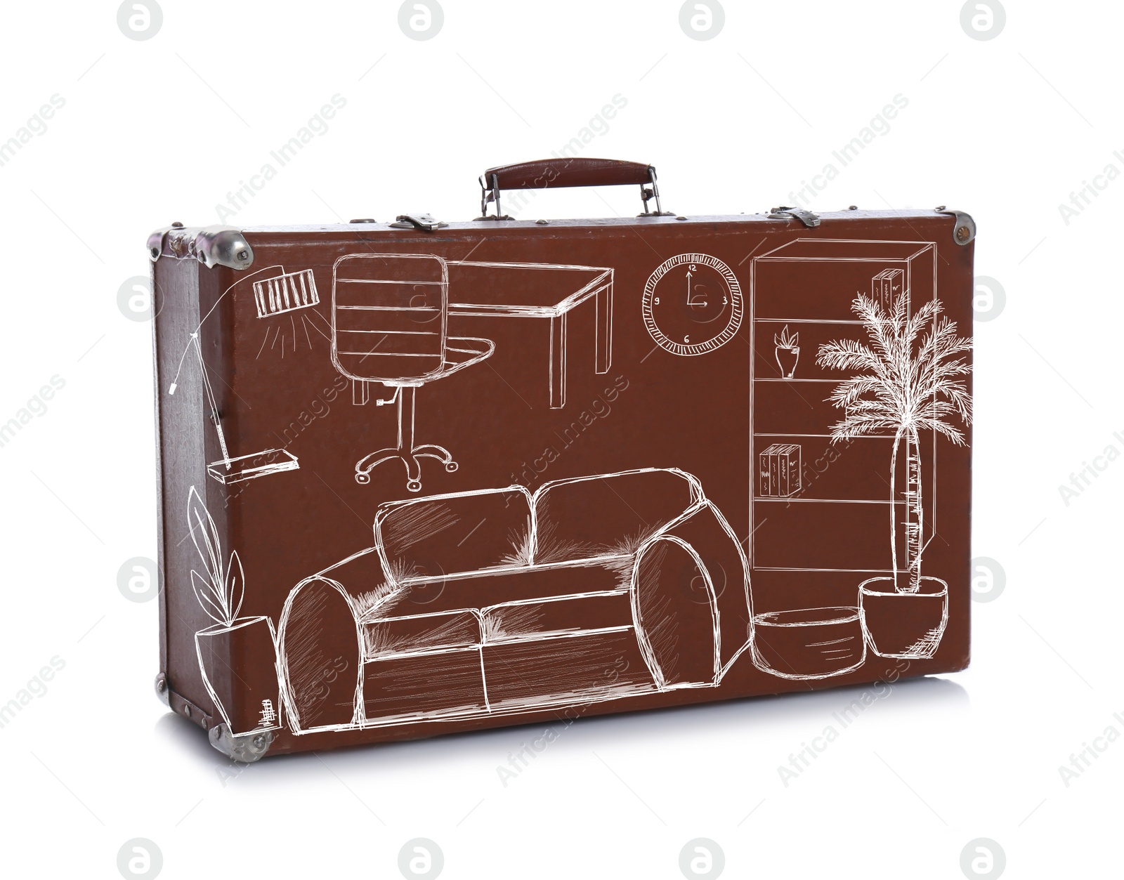 Image of Retro brown suitcase with drawing of living room interior on white background. Moving concept