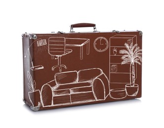 Image of Retro brown suitcase with drawing of living room interior on white background. Moving concept