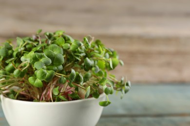 Photo of Fresh radish microgreens in bowl on table, closeup. Space for text