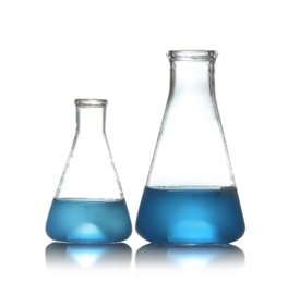 Conical flasks with liquid samples on white background. Chemistry glassware