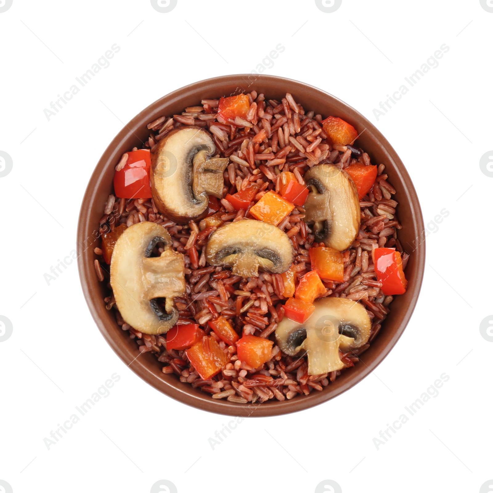 Photo of Delicious brown rice in bowl isolated on white, top view