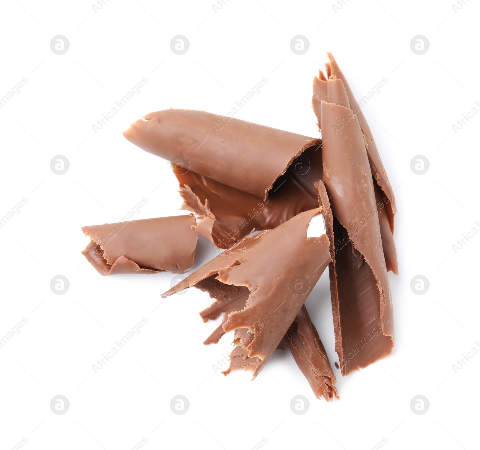 Photo of Tasty sweet chocolate shavings isolated on white, top view