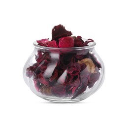 Photo of Scented potpourri of dried flowers in glass jar isolated on white