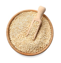 Photo of Bowl and scoop with raw quinoa isolated on white, top view