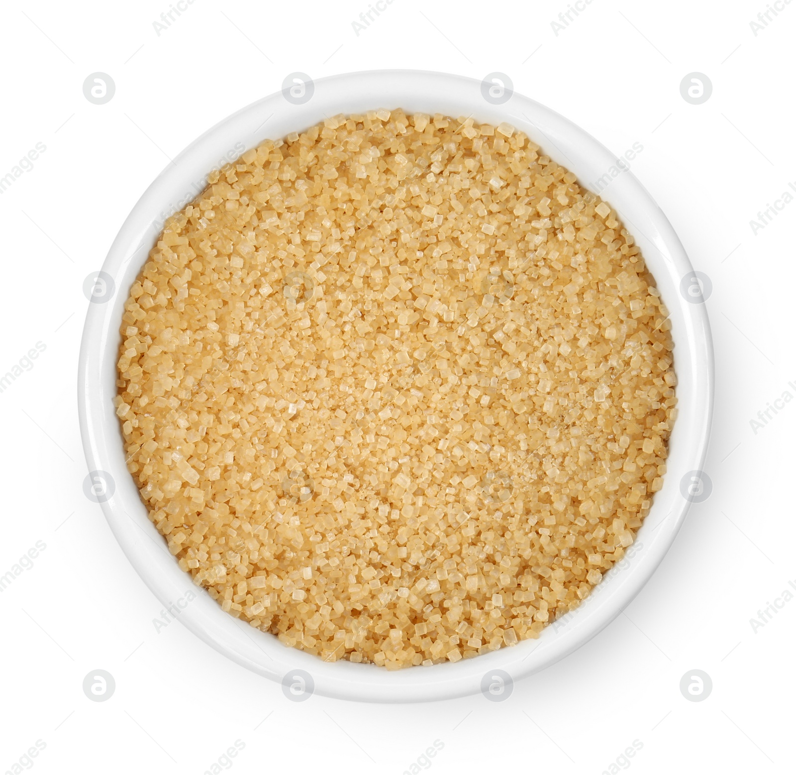 Photo of Brown sugar in bowl isolated on white, top view