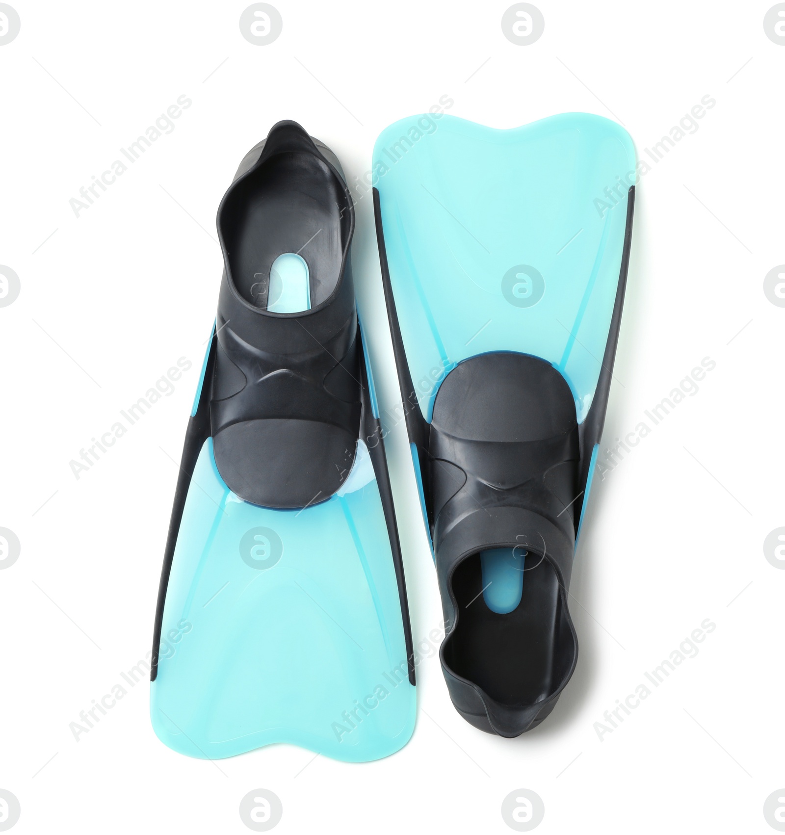 Photo of Pair of blue flippers on white background, top view