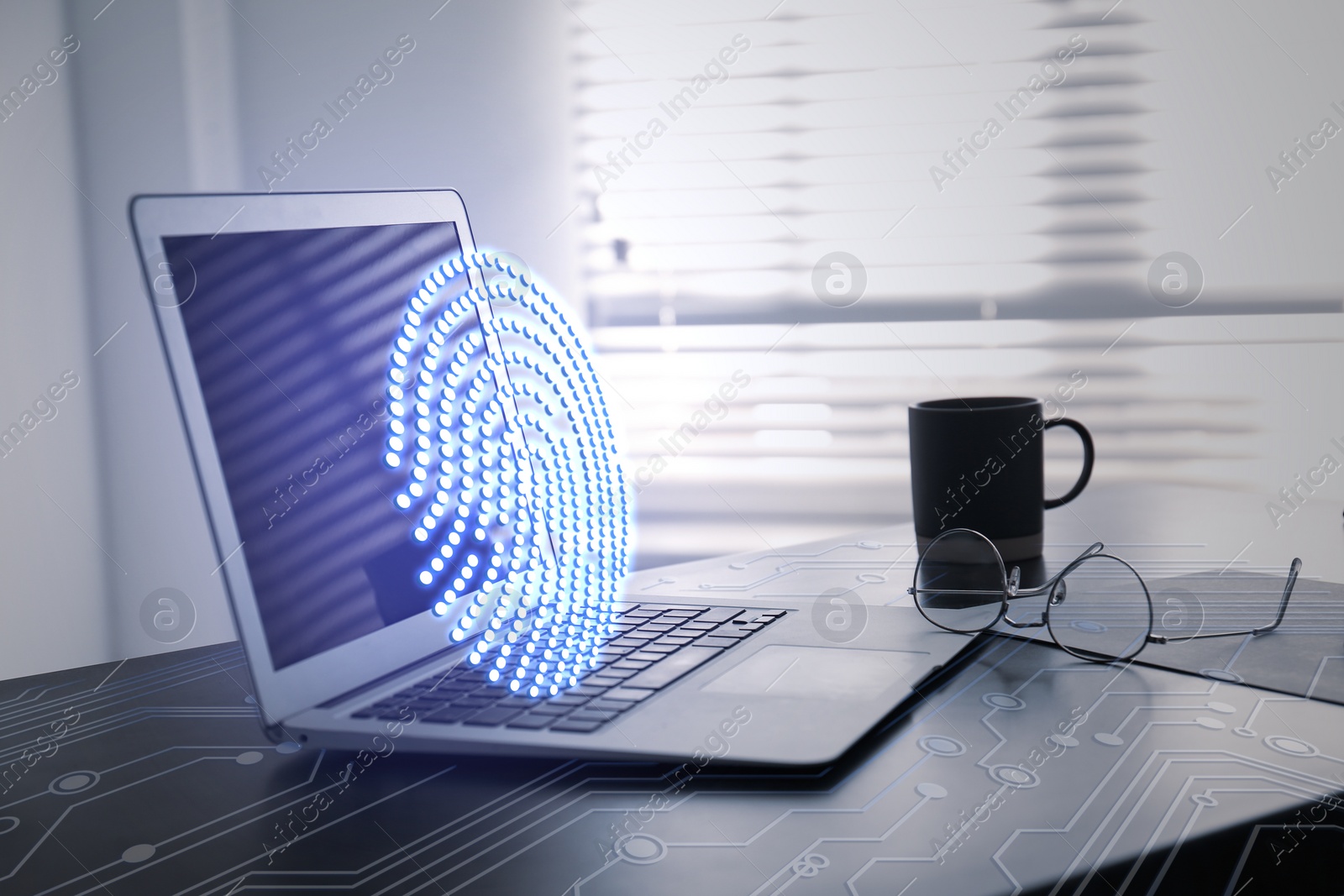 Image of Fingerprint identification. Modern laptop on table indoors