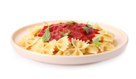 Tasty pasta with tomato sauce and basil isolated on white