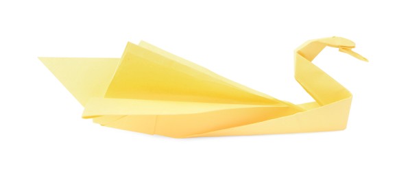 Photo of Yellow paper swan isolated on white. Origami art