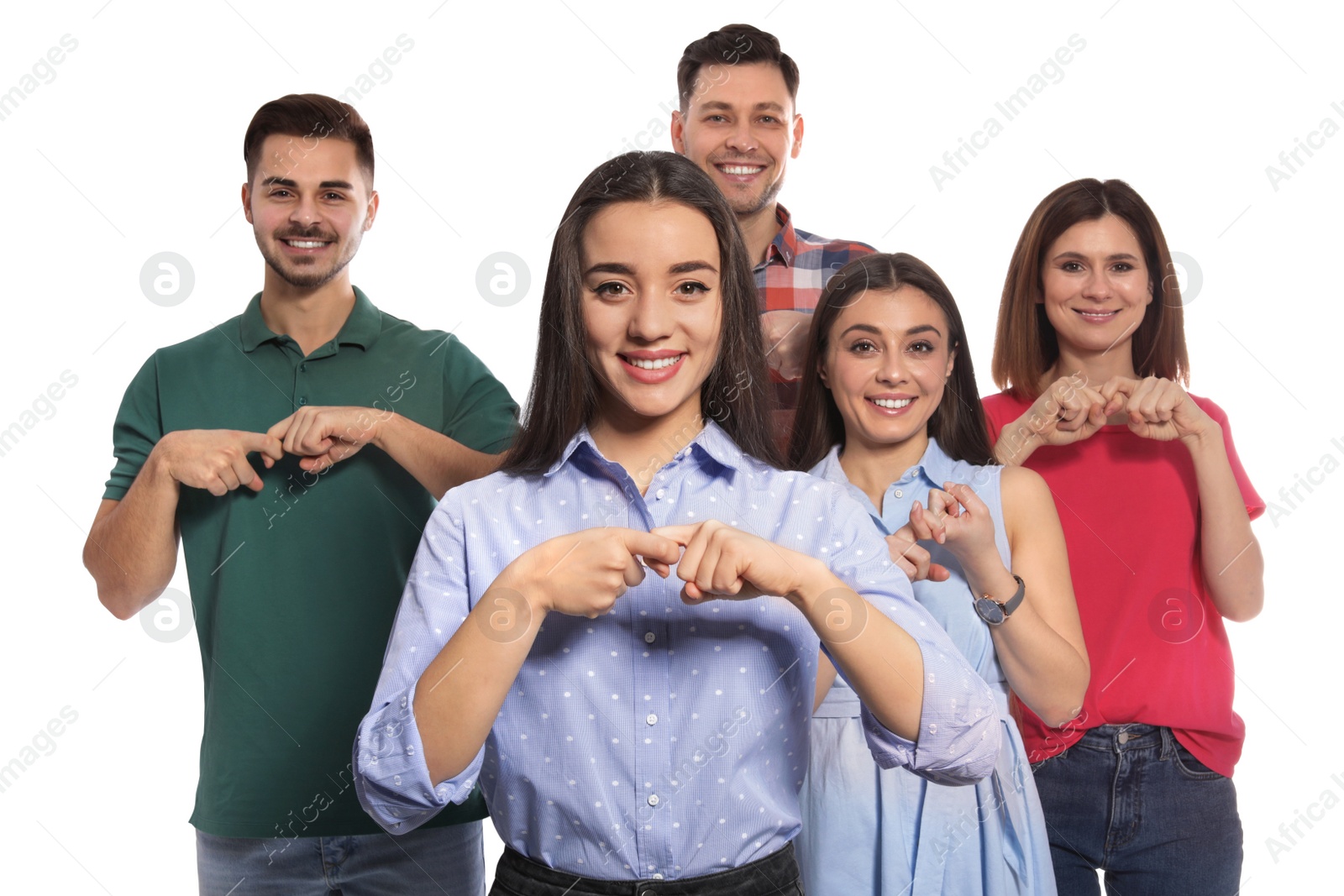 Photo of Hearing impaired people showing word FRIEND on sign language isolated on white