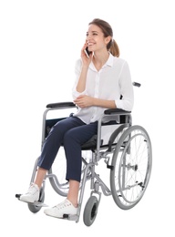 Photo of Young woman in wheelchair talking on mobile phone, white background