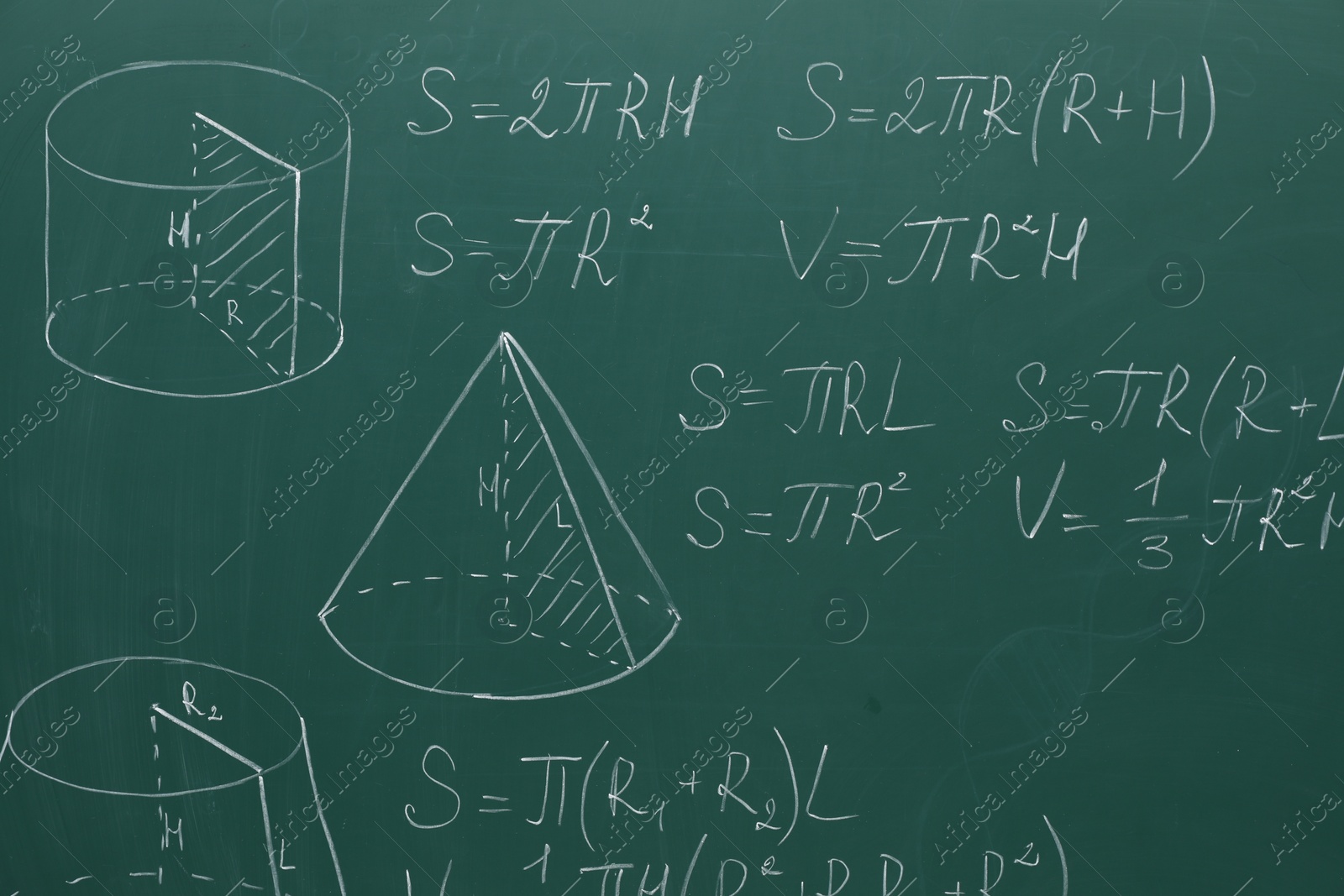 Photo of Different math formulas written with chalk on green board