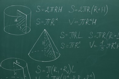 Photo of Different math formulas written with chalk on green board